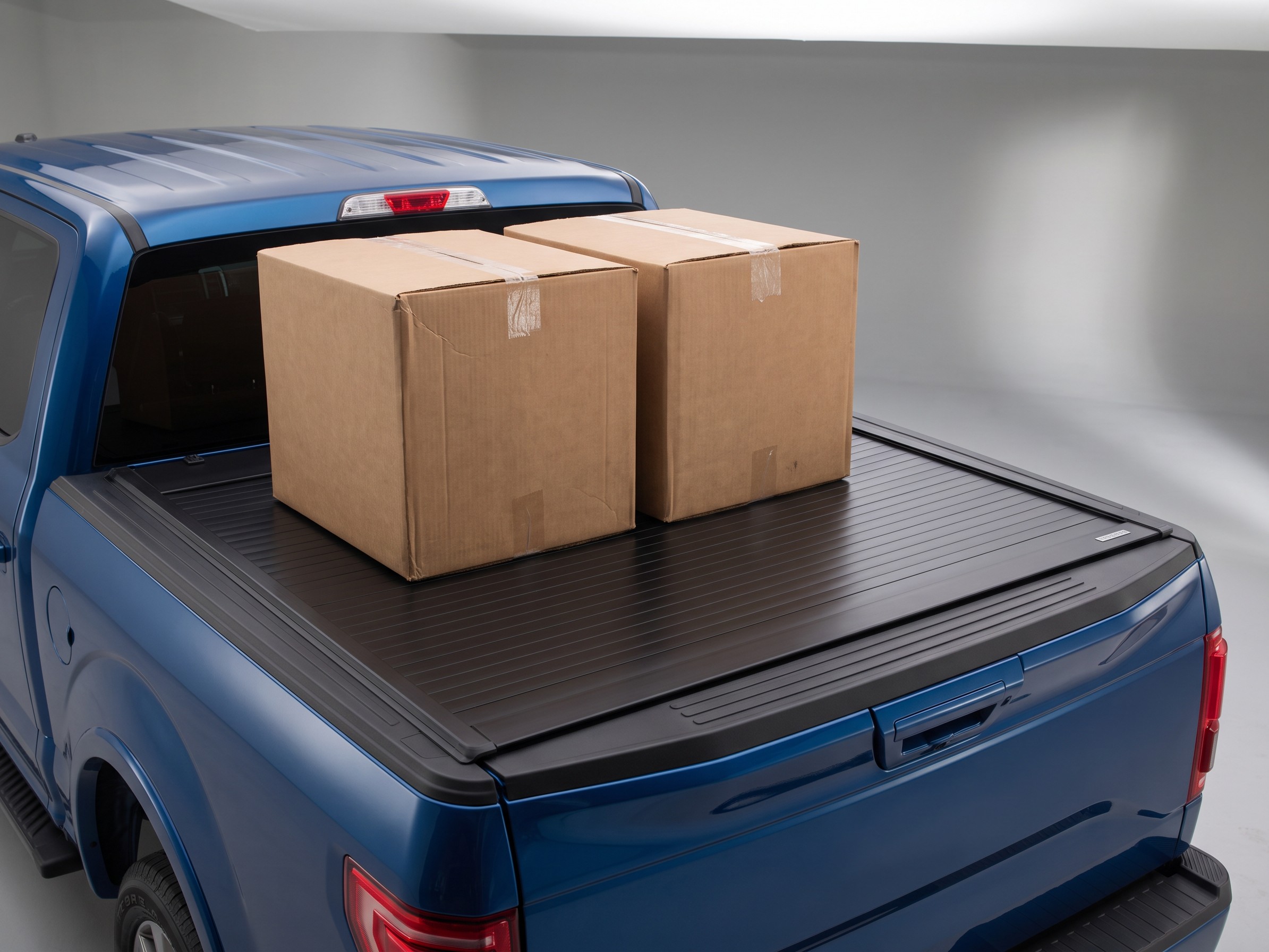 Two large storage boxes sitting on top of a closed Coverjet tonneau cover, demonstrating load-bearing strength